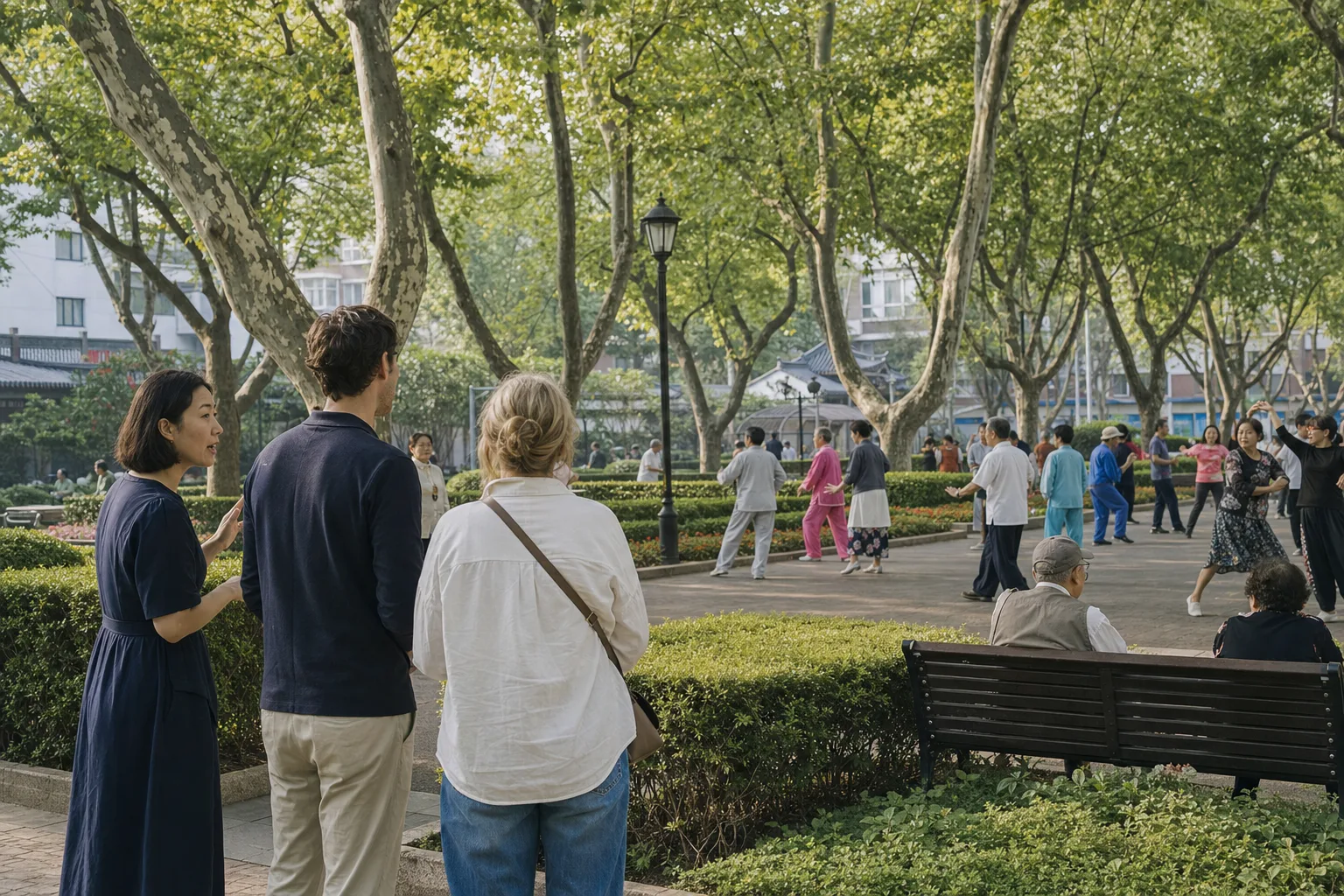 Travelers watching local morning exercise and dancing in Fuxing Park Shanghai