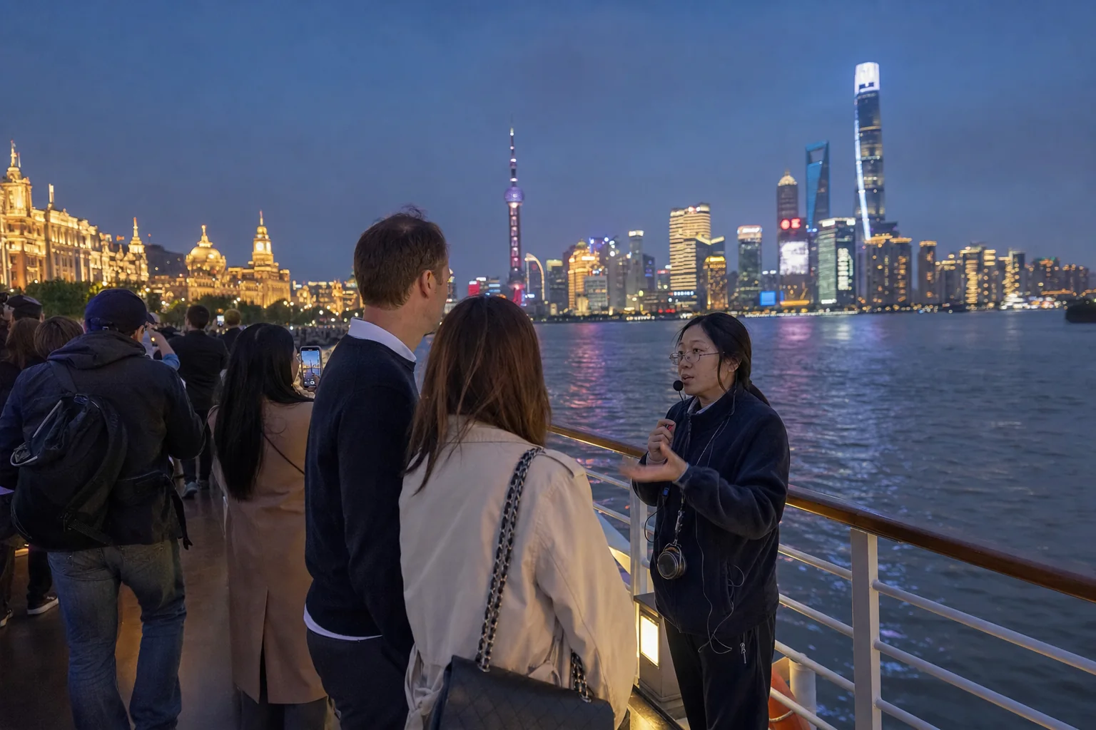 Travelers listening to a local guide on the open deck of a Huangpu River sightseeing boat at night