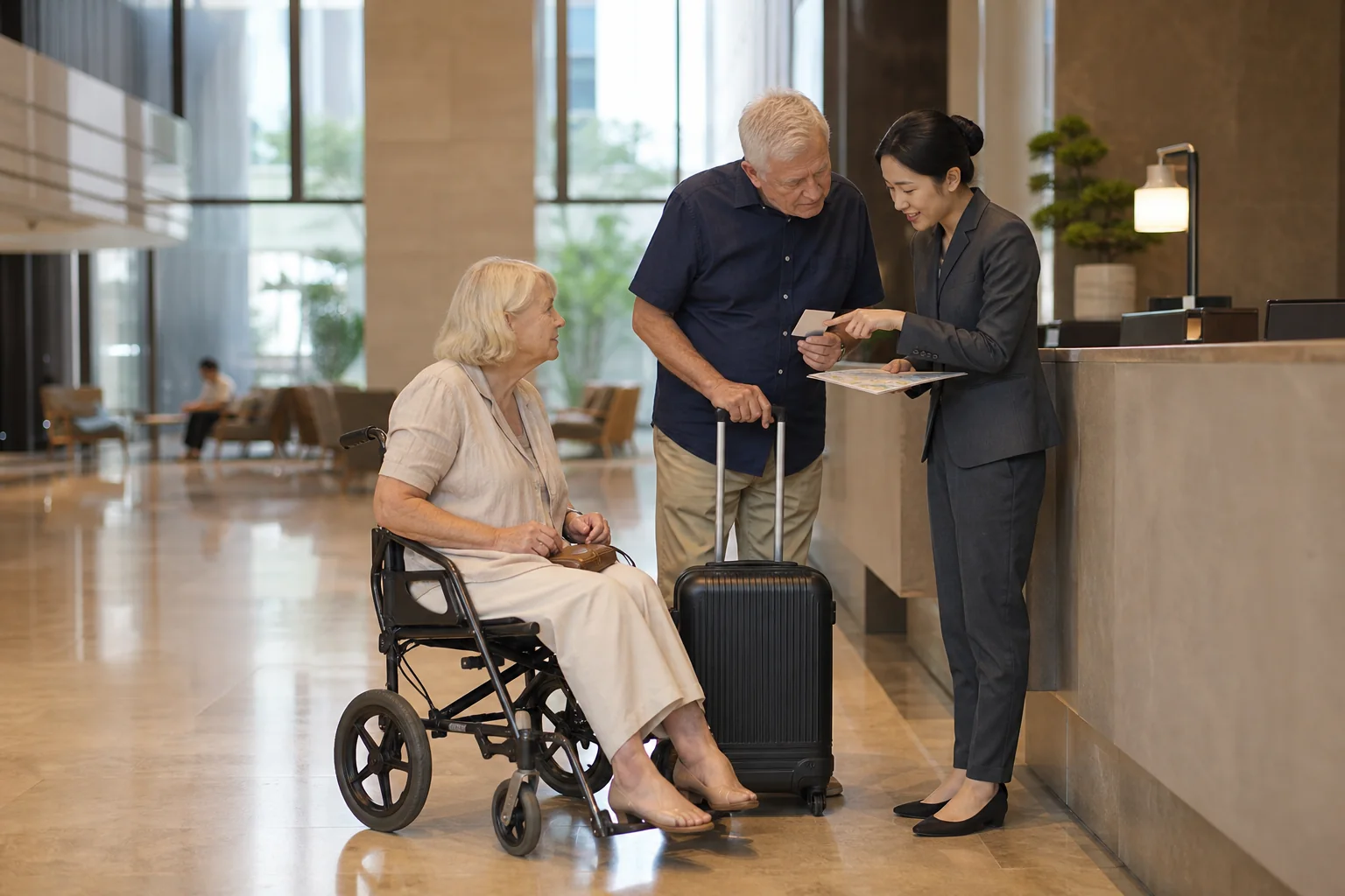 Older international travelers and a hotel host arranging arrival details in a spacious Shanghai hotel lobby