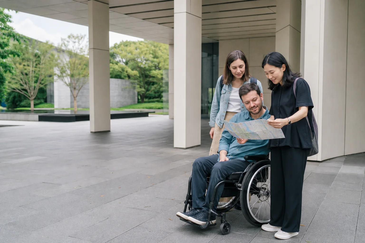 Wheelchair user, companion and local guide reviewing a Shanghai city route outside a contemporary cultural building