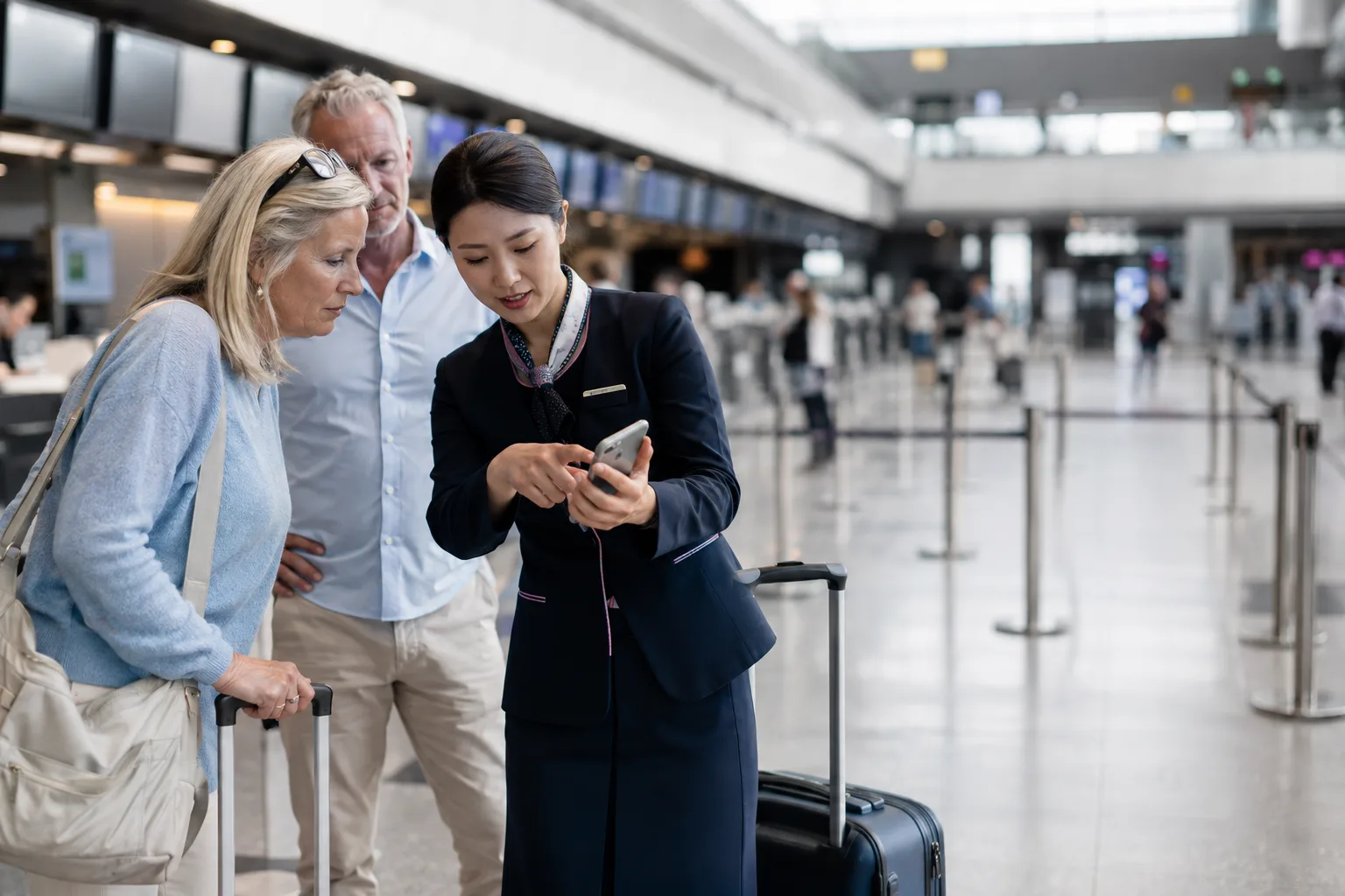 Mature international travelers receiving practical flight guidance from a Chinese airport employee in a modern check-in hall