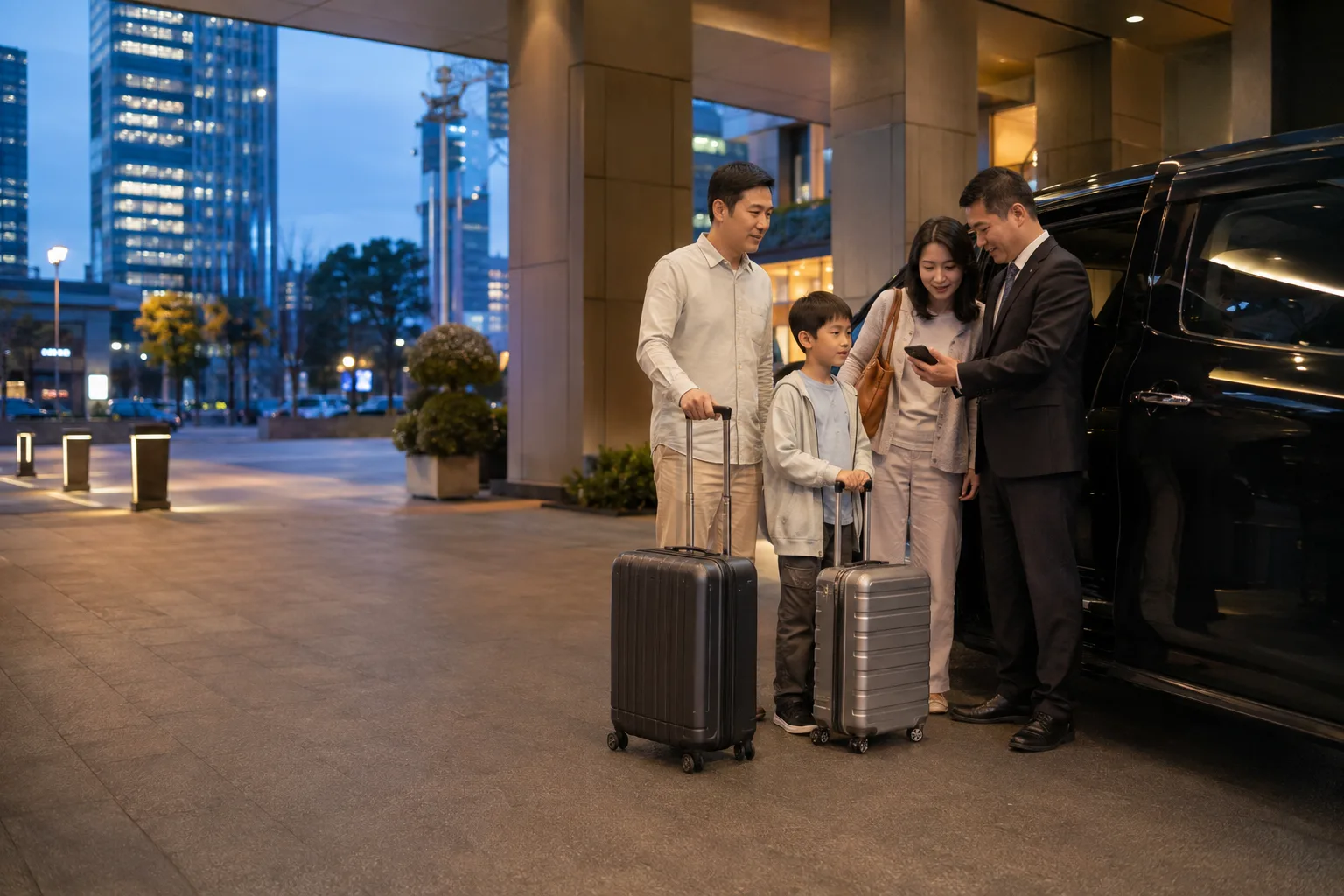 Traveling family with suitcases confirming an airport pickup with a driver outside a Shanghai hotel at blue hour