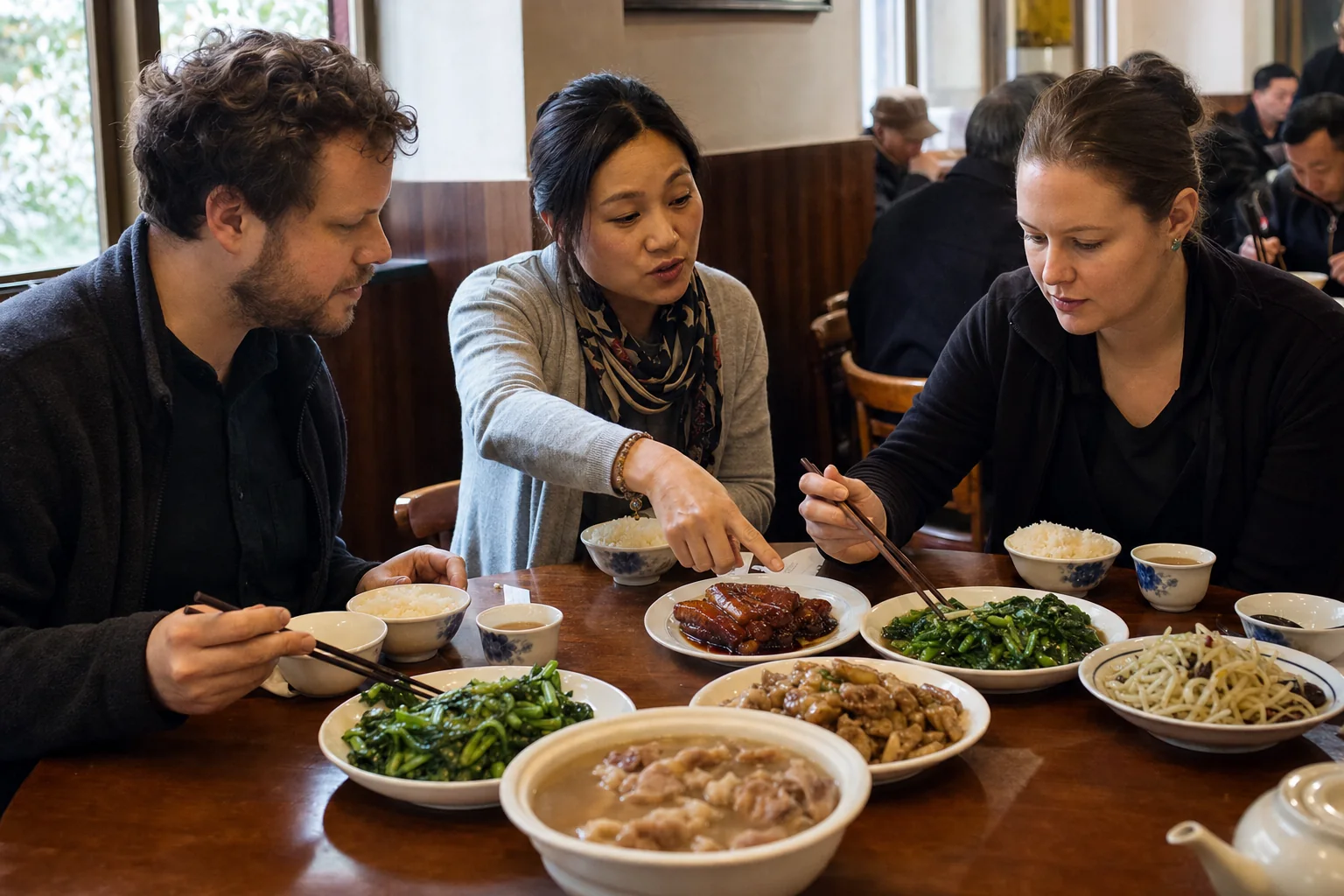 Travelers sharing a Shanghai benbang-style lunch with a local guide in a neighborhood restaurant