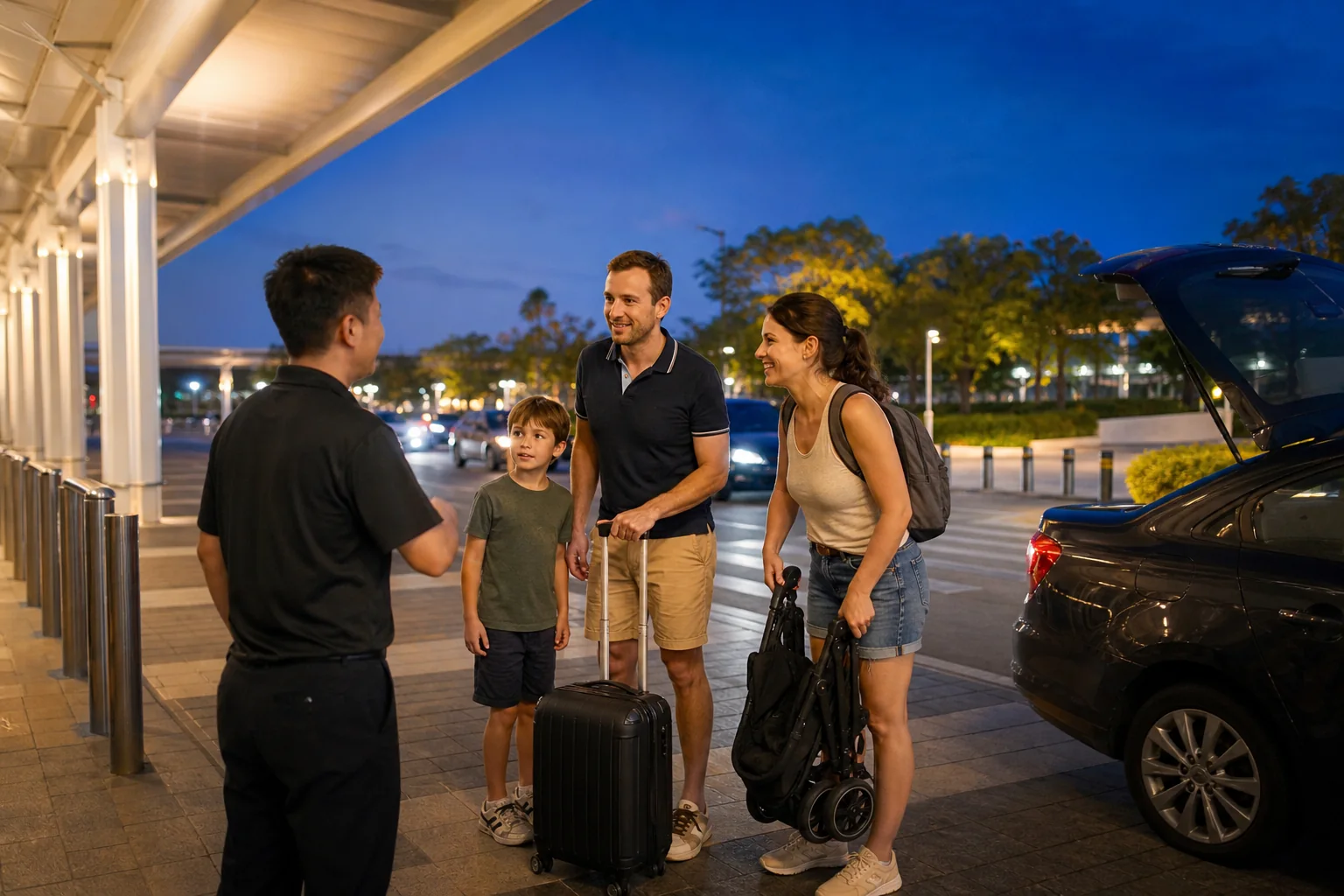 A local driver greeting an international family with a child at an evening pickup hub outside a Shanghai resort district