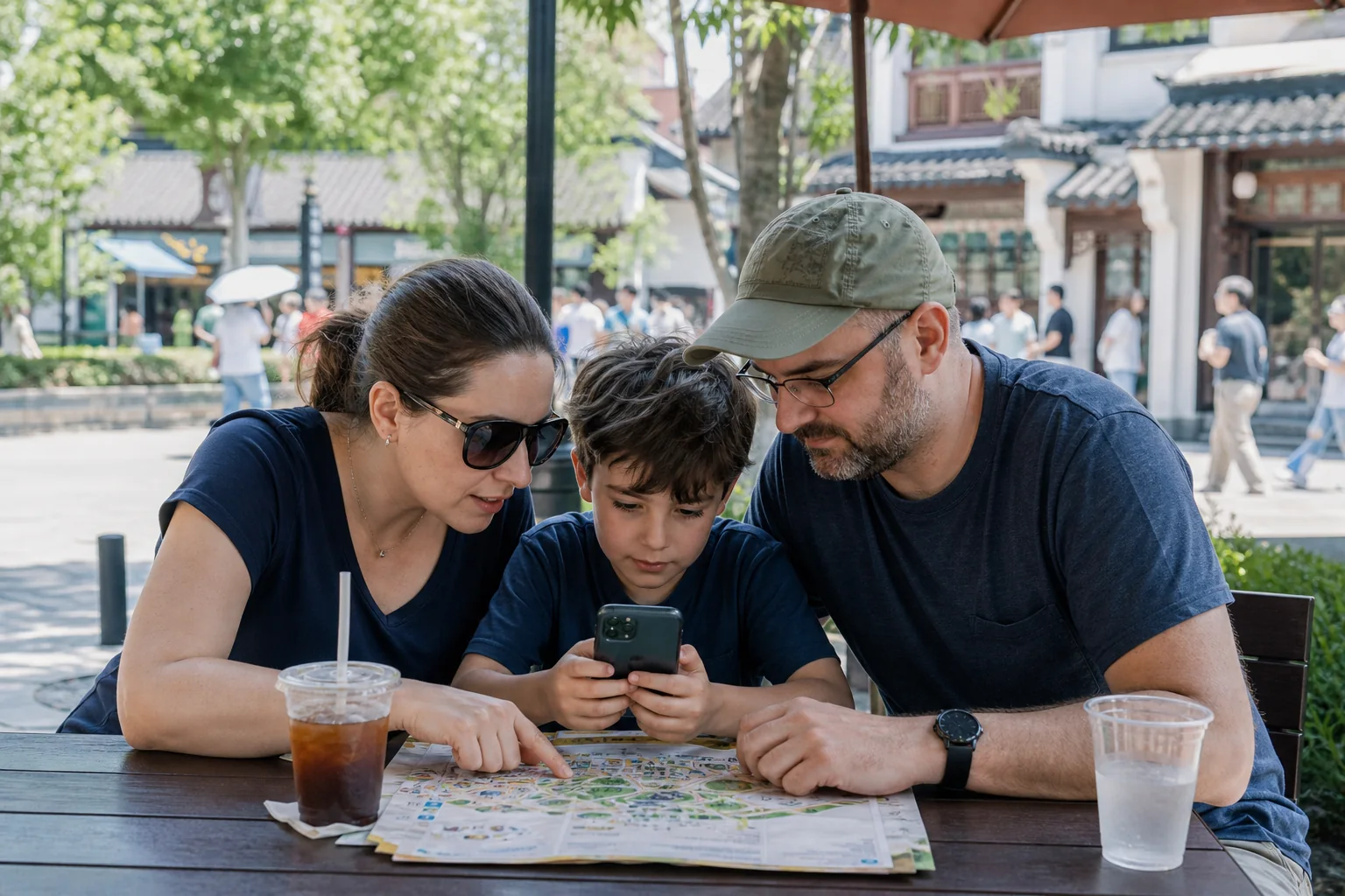 International family reviewing a park map and phone together during a shaded break in a Shanghai resort district