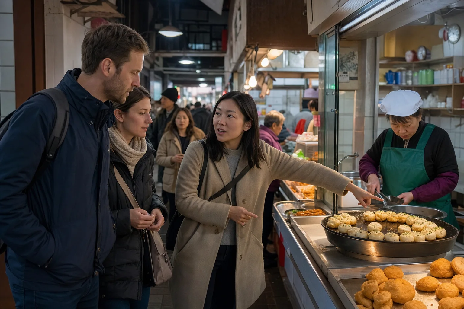 Travelers and a local guide looking at freshly made pan-fried buns in a Shanghai neighborhood food market