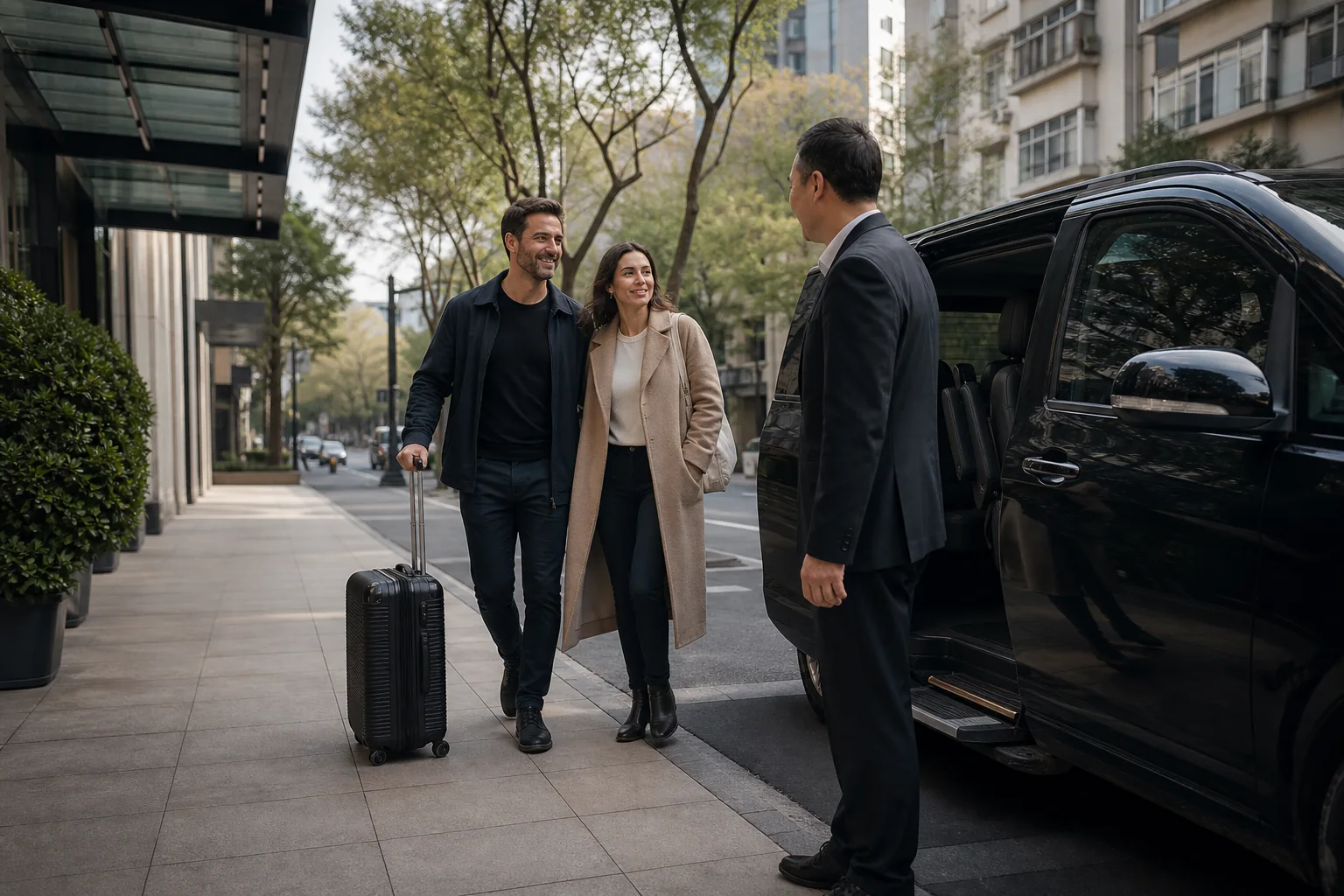 International travelers leaving a central Shanghai hotel with luggage for a planned morning car transfer