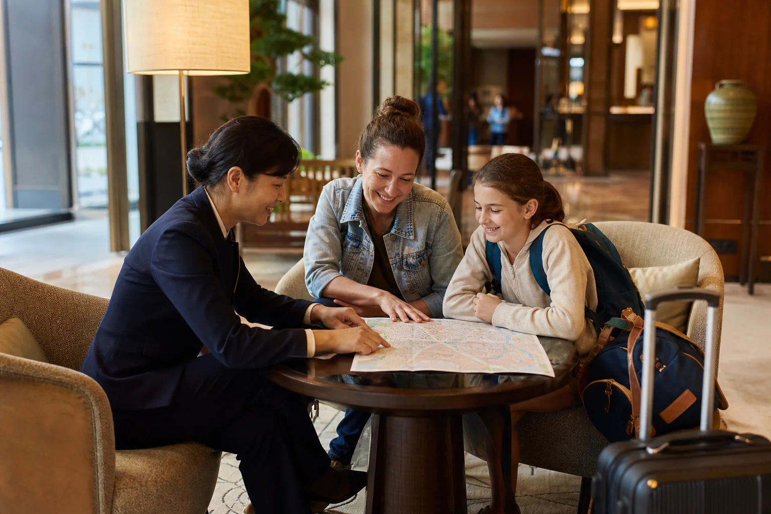 A mother and child reviewing a city map with a hotel concierge in a warm Shanghai lobby
