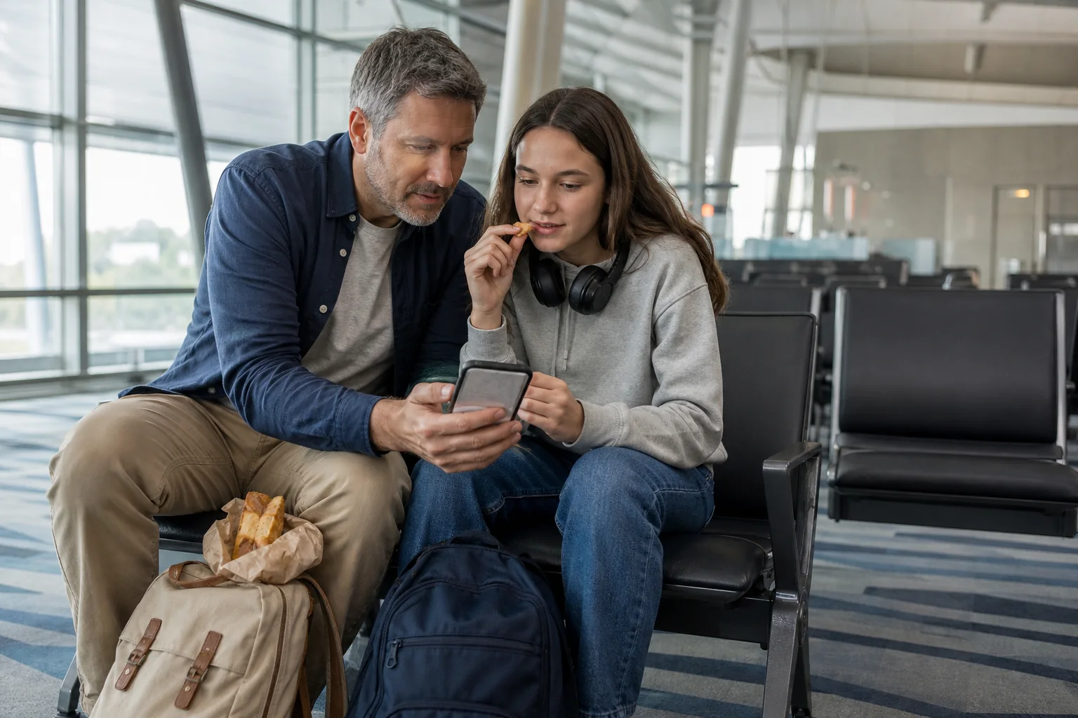 A father and teenage daughter quietly checking a phone itinerary in a comfortable airport waiting area
