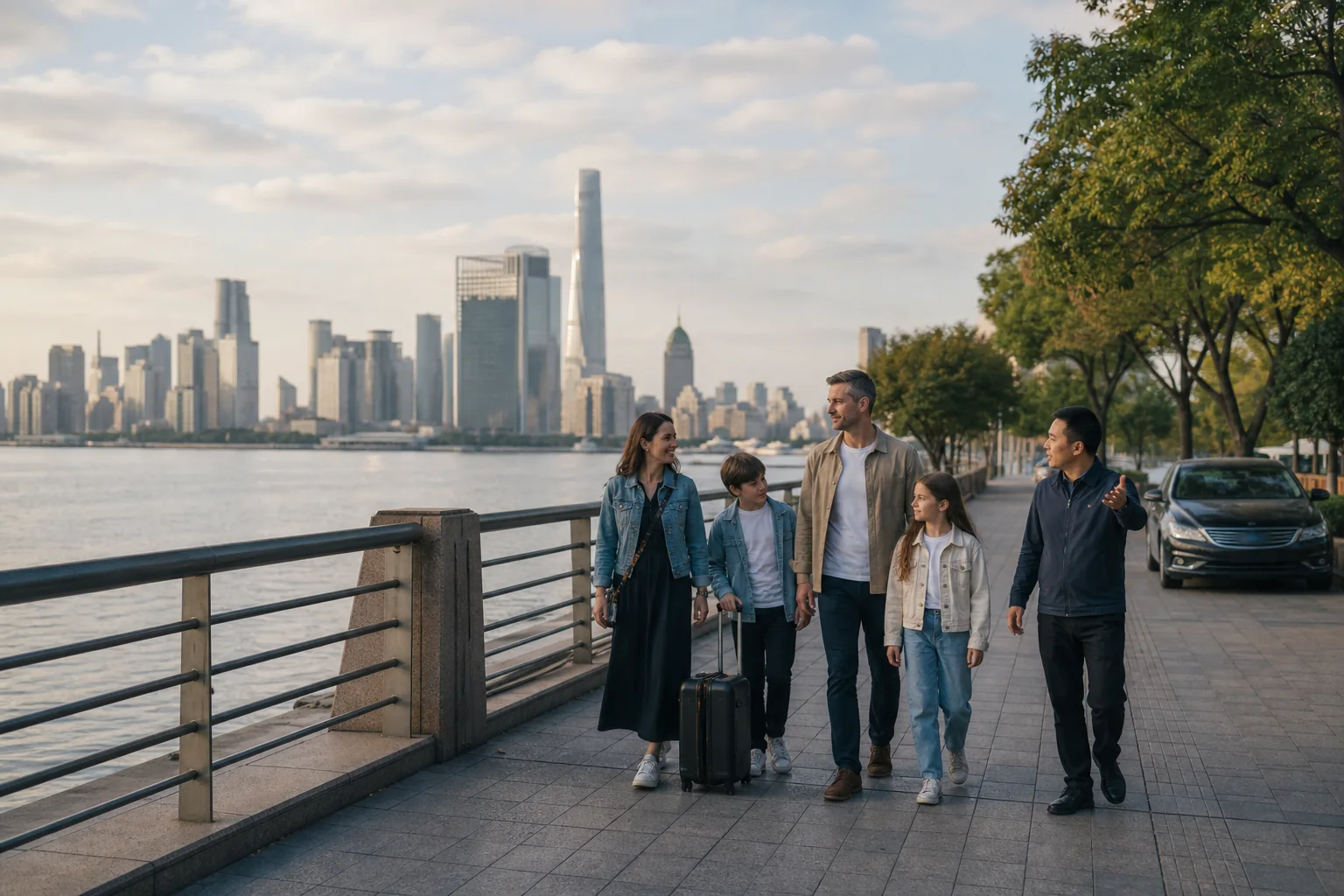 International family and local guide taking a short riverside walk with the Pudong skyline across the Huangpu River