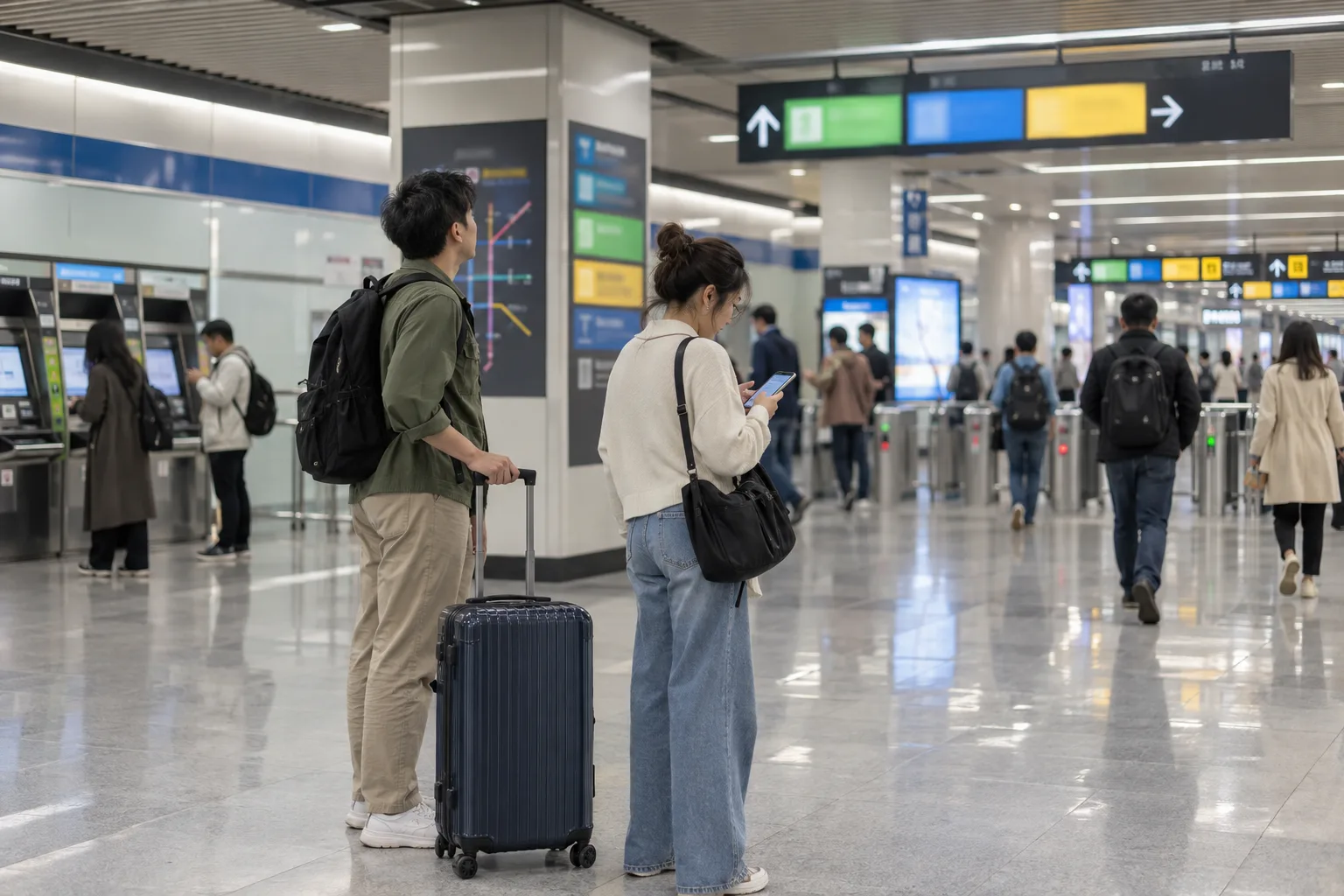 AI-generated scene of travelers checking a route beside their luggage in a Shanghai-style metro concourse