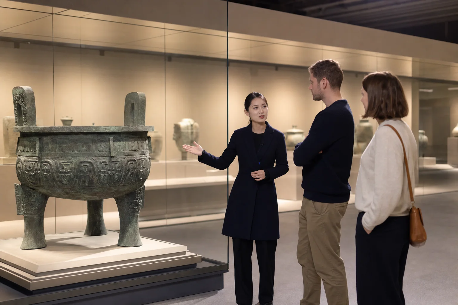 Visitors listening to a local guide beside an ancient bronze display in a modern Shanghai museum gallery