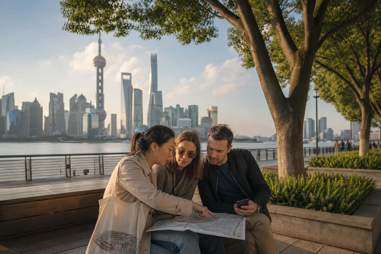 Travelers reviewing a city map with a local guide on the Pudong waterfront after a museum visit