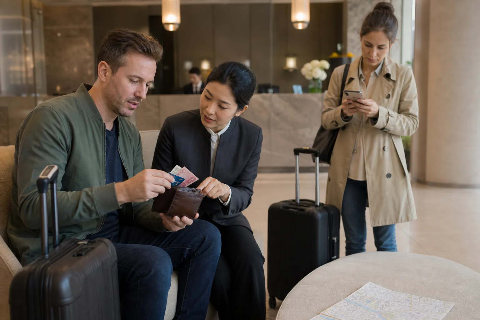 International travelers reviewing a card and a small amount of RMB with a Shanghai hotel concierge after arrival