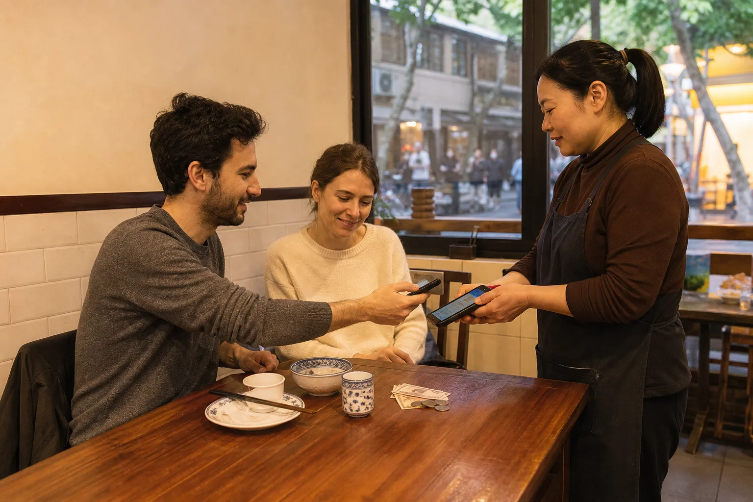 International visitors settling a meal with a phone payment while small RMB notes and coins remain on the table as a practical backup