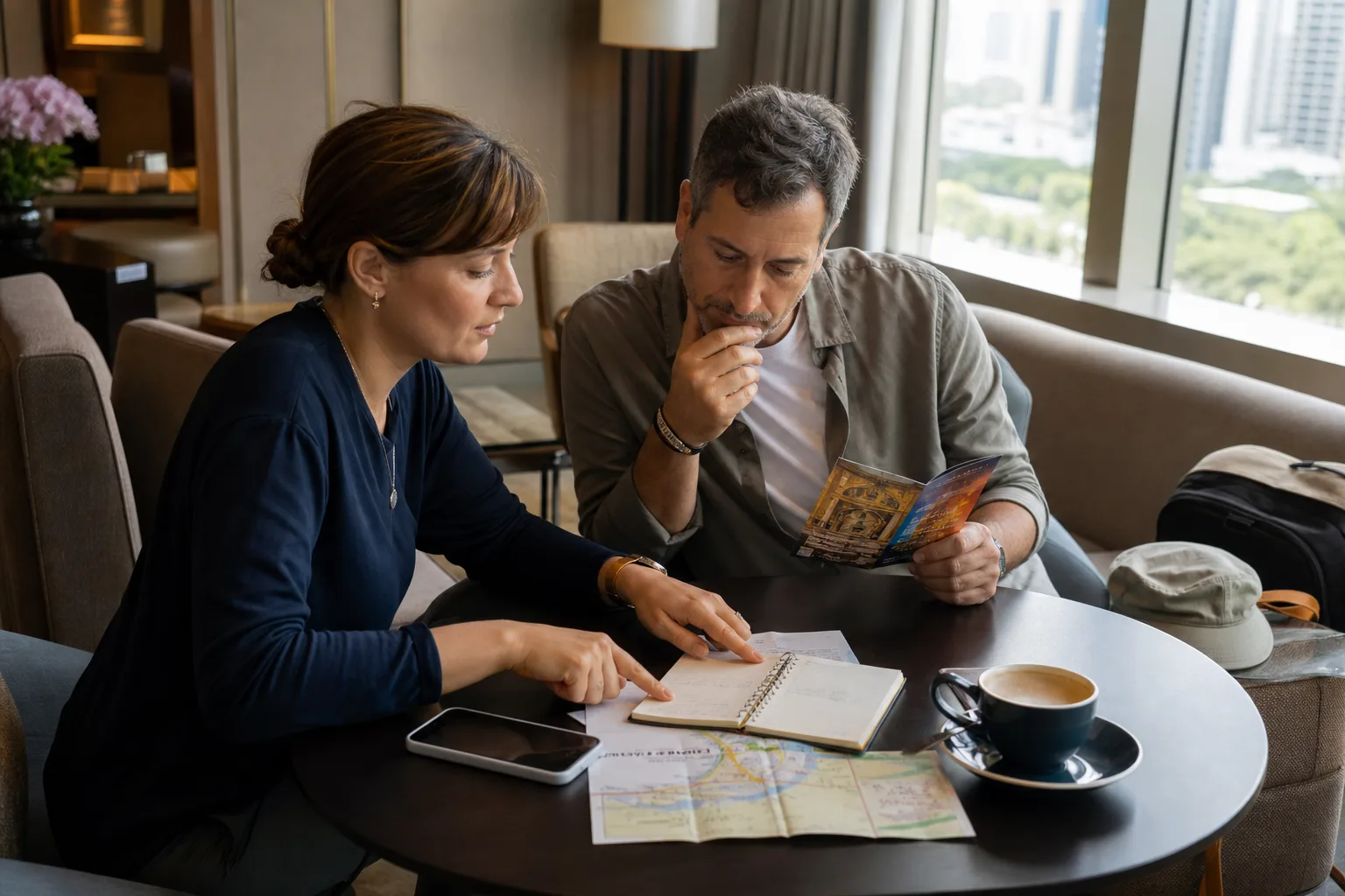 International travelers reviewing a simple Shanghai itinerary with a city map and phone in a hotel lounge