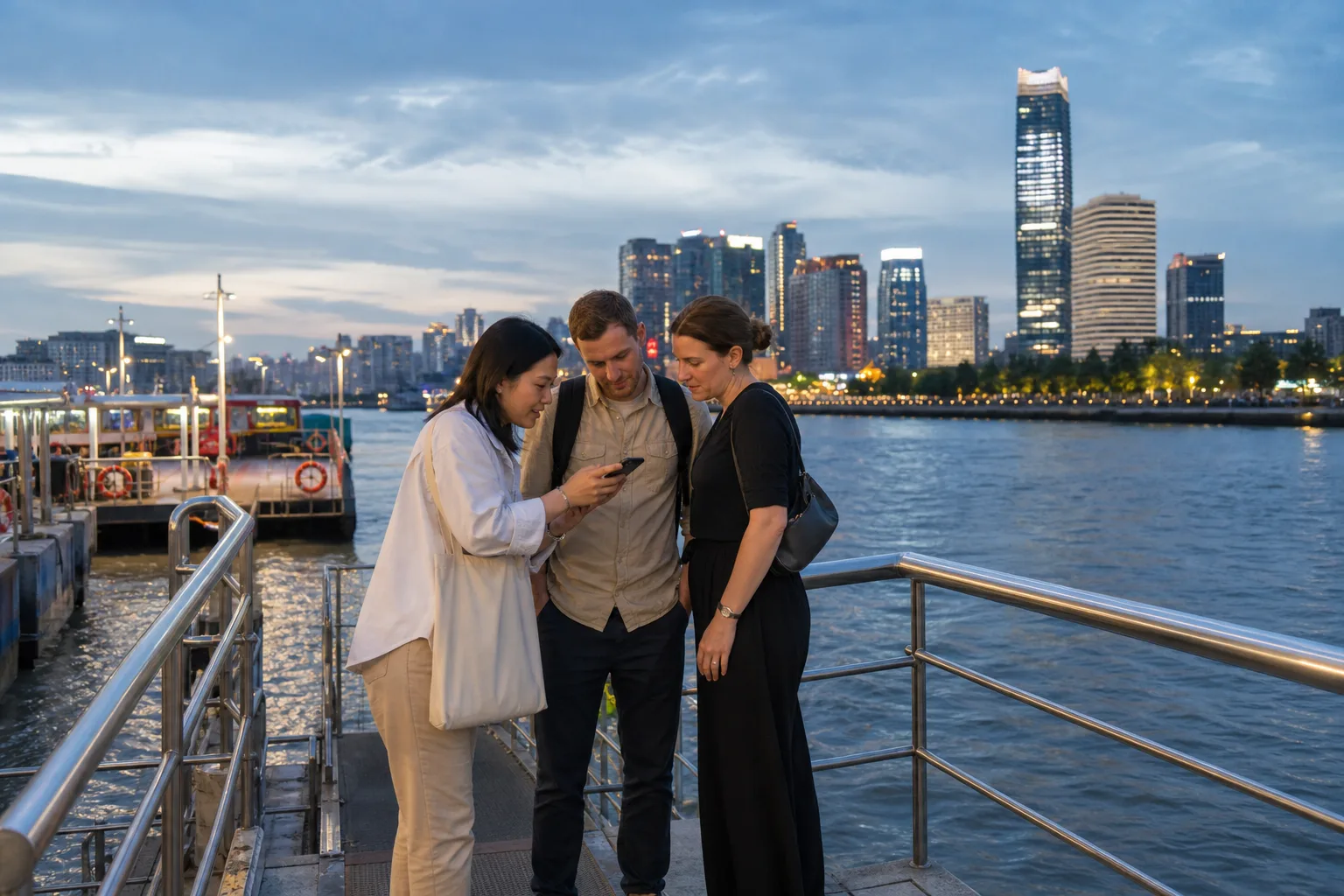 International visitors and a local guide checking the time beside a Shanghai riverside boarding area at blue hour