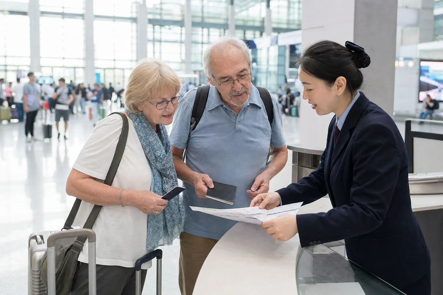 Older international travelers speaking with a railway-station employee beside their luggage in a Shanghai station concourse