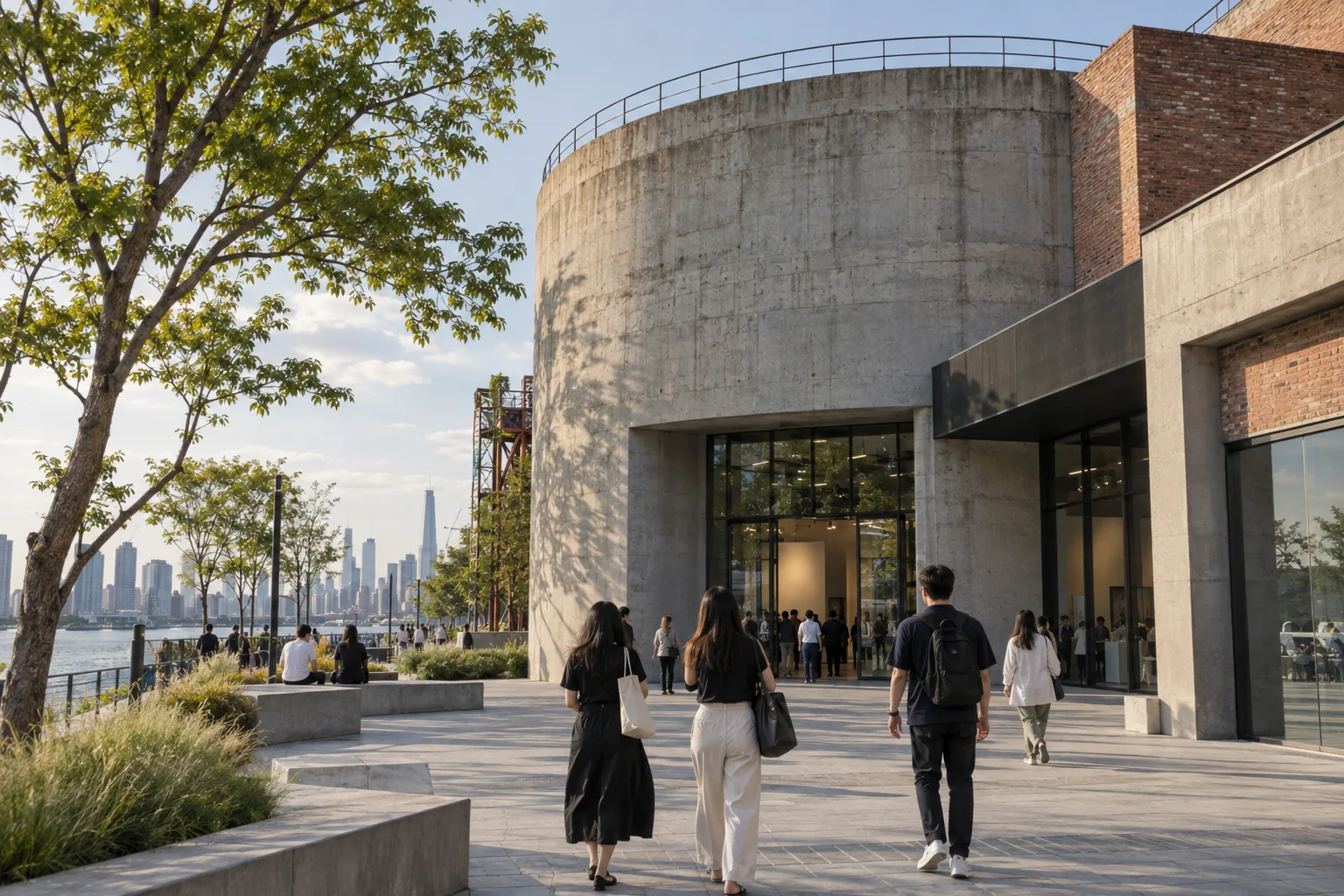 AI-generated illustration of visitors approaching a converted industrial art venue near a Shanghai riverside path