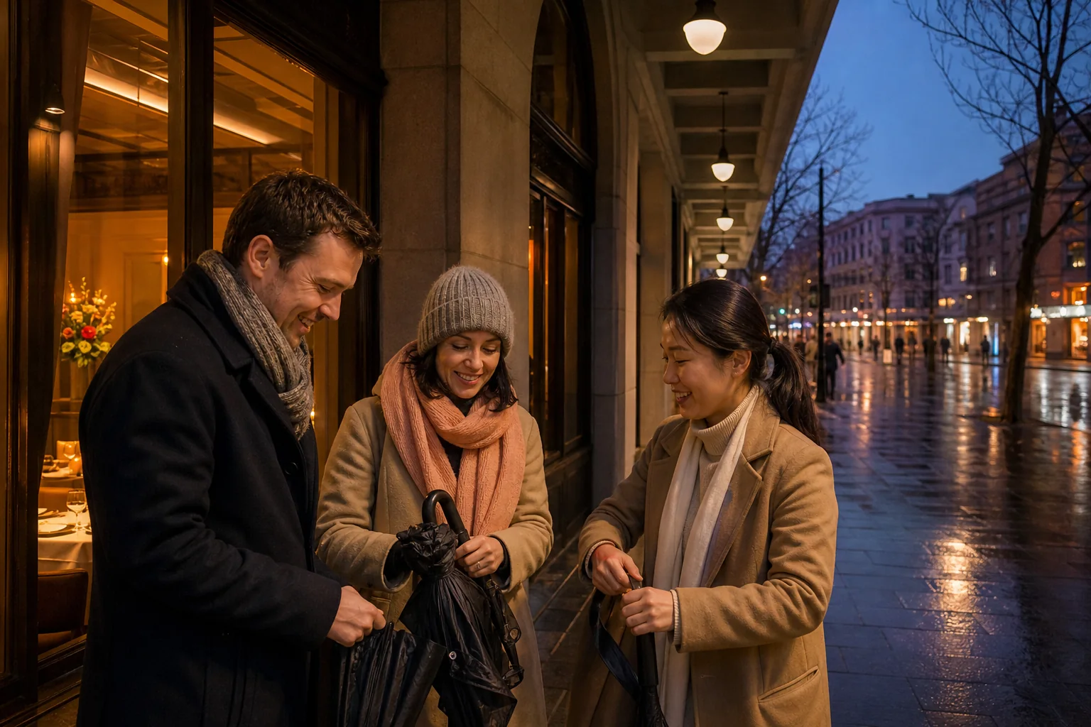Visitors and a local guide closing umbrellas beneath a covered Shanghai street arcade on a rainy winter evening