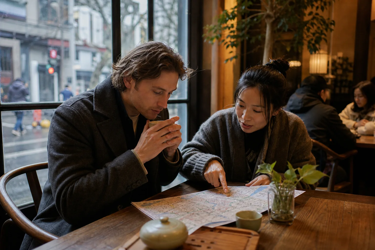 Traveler warming up with tea while a local guide reviews a Shanghai city map in a warmly lit cafe on a wet winter day