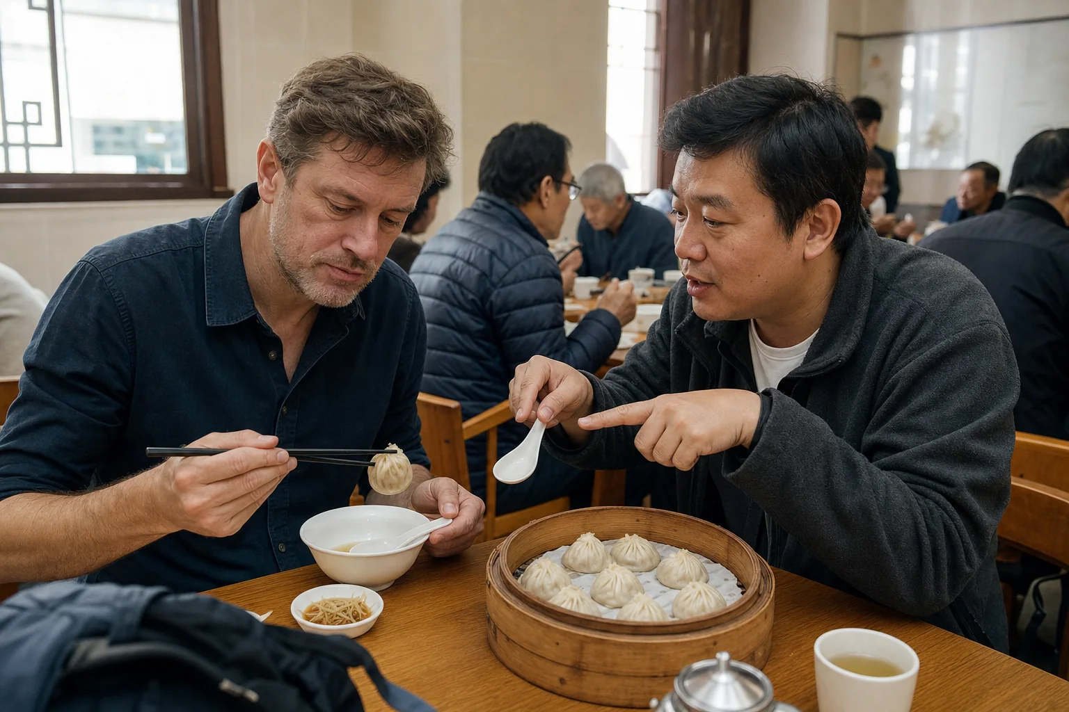 Traveler learning from a local guide how to eat xiaolongbao at a Shanghai dumpling restaurant