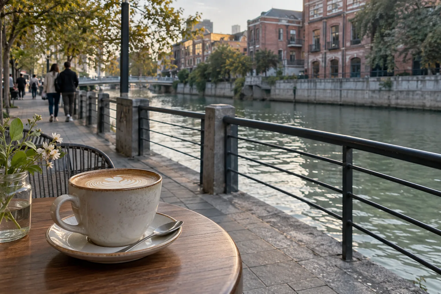 AI-generated illustration of a coffee break beside an urban Shanghai creekside walkway