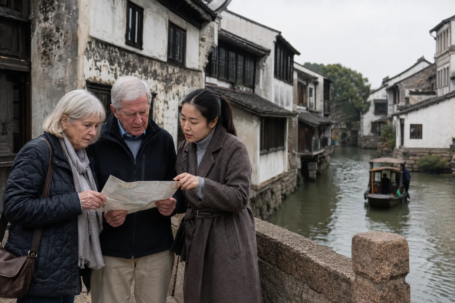 Older international travelers reviewing a simple map with a local guide beside a stone bridge and canal in a Jiangnan water town