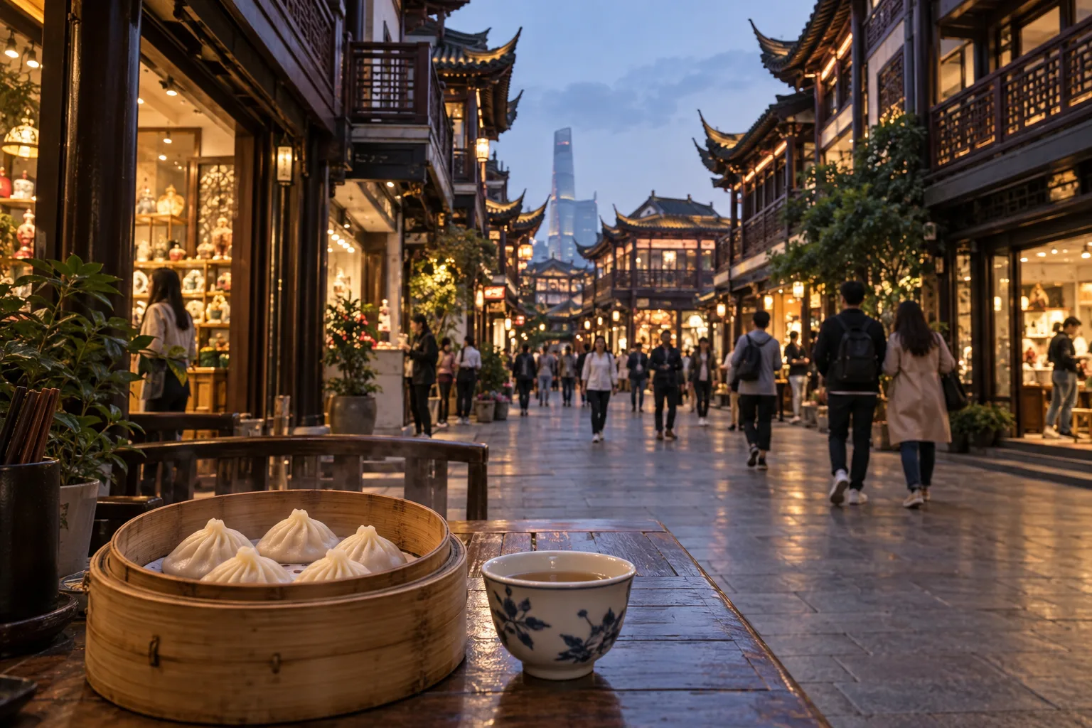 AI illustration of a Shanghai old-city shopping lane with steamed dumplings and tea in the foreground